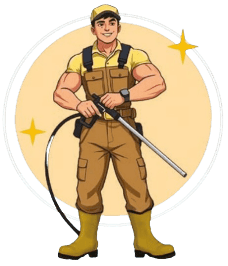 Spark's Pressure Washing mascot — a friendly young pressure-washing operator holding a wand