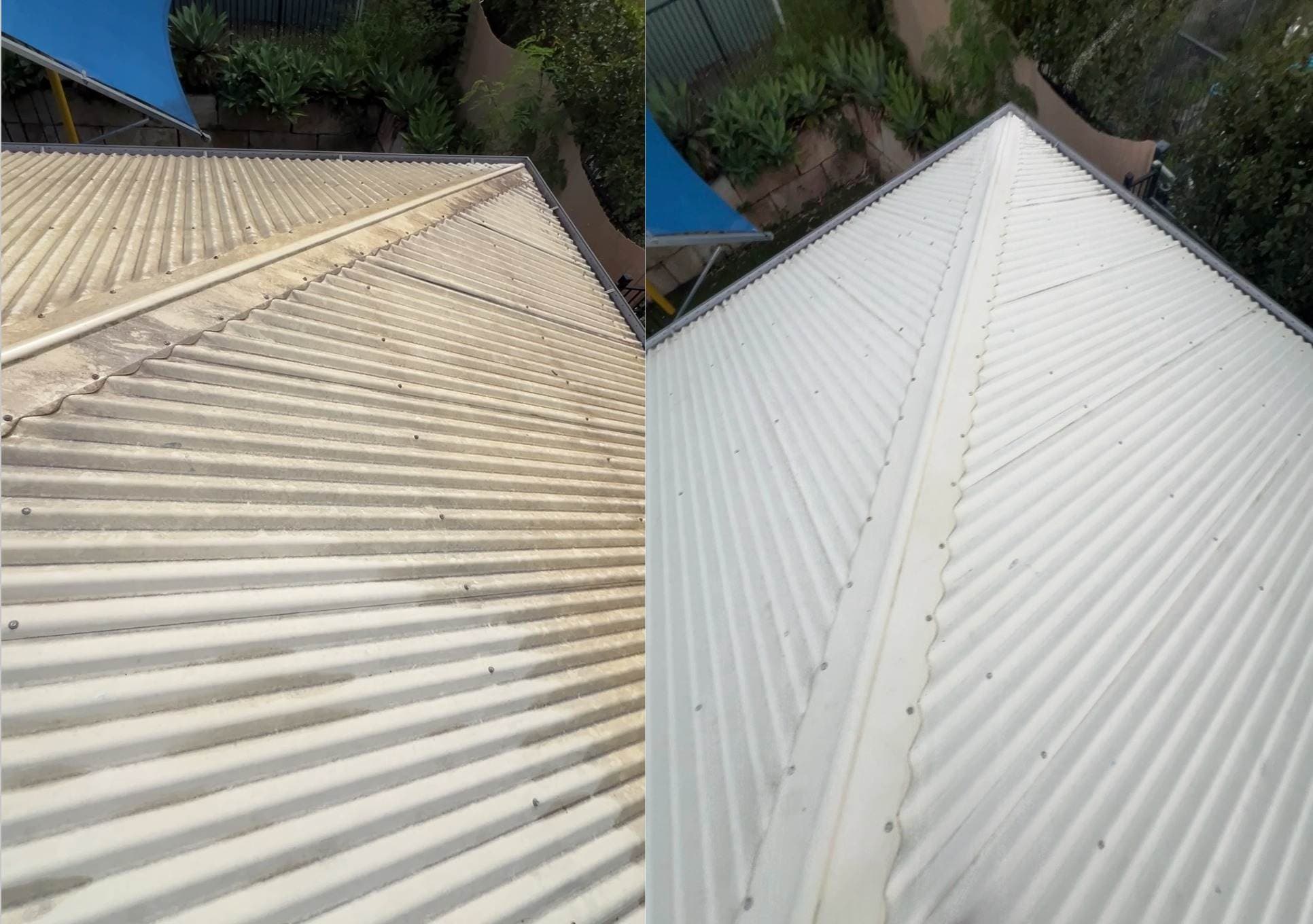 Roof cleaning before/after — moss and lichen removed